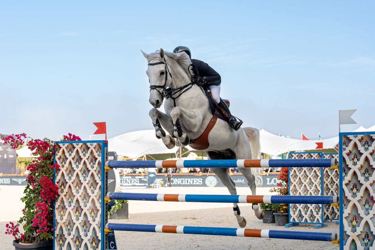 Horse and rider showcasing skill in a thrilling show jumping event outdoors.
